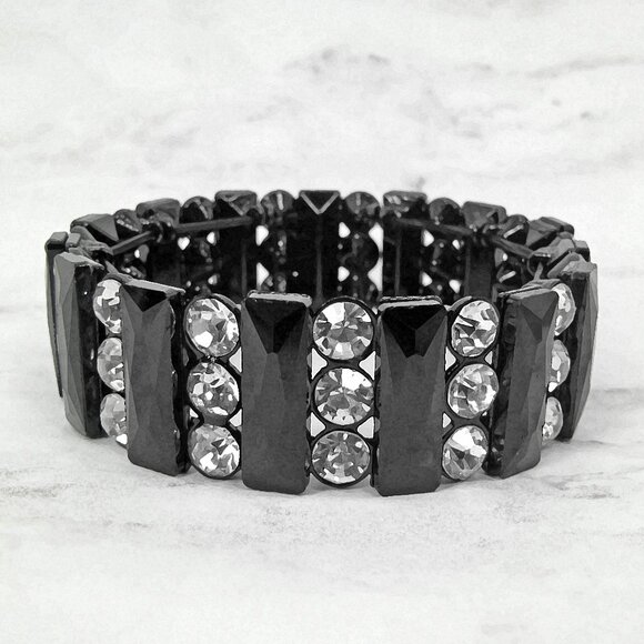 Black glass and clear crystal stretch bracelet w/ rows of rectangle glass beads - Picture 1 of 7